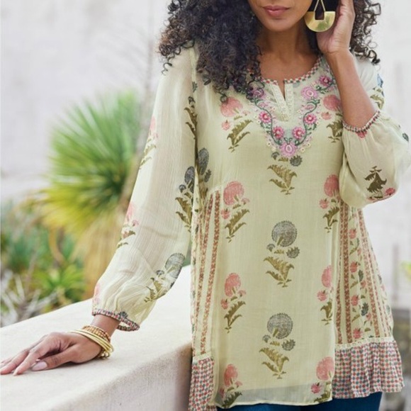 Soft Surroundings boho cottage peasant Serenata Tunic floral beaded EUC size M - Picture 13 of 13